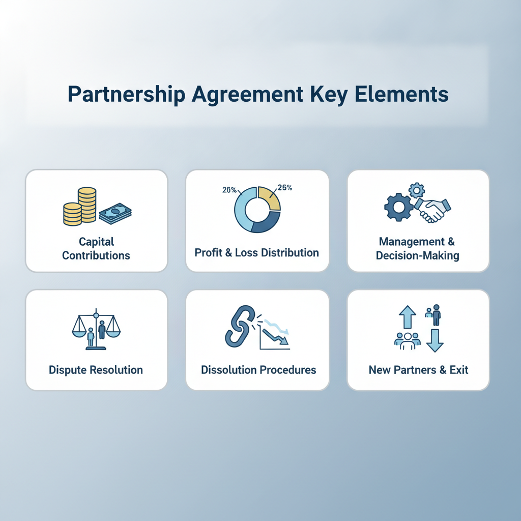 Diagram showing key elements of a partnership agreement like capital, profit sharing, and management.