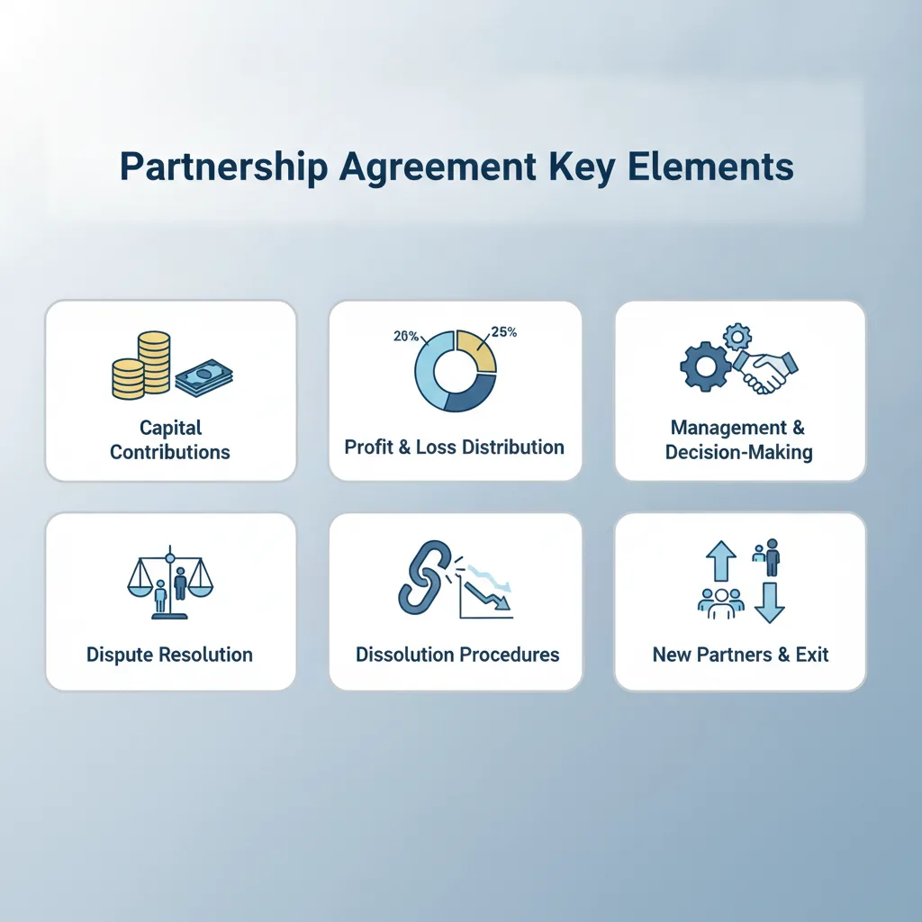 Diagram showing key elements of a partnership agreement like capital, profit sharing, and management.