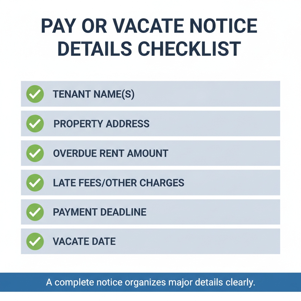 Checklist of details commonly addressed in a Pay or Vacate Notice.