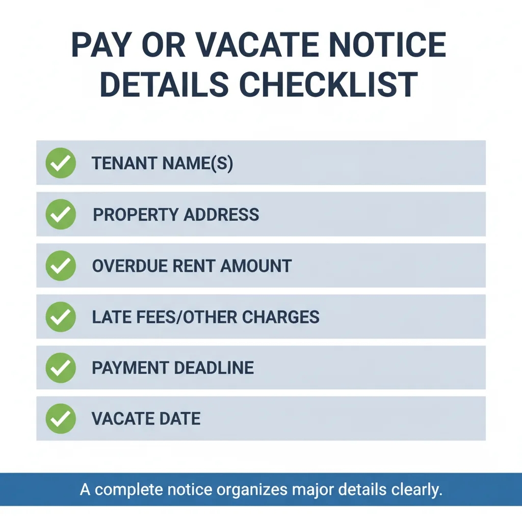 Checklist of details commonly addressed in a Pay or Vacate Notice.