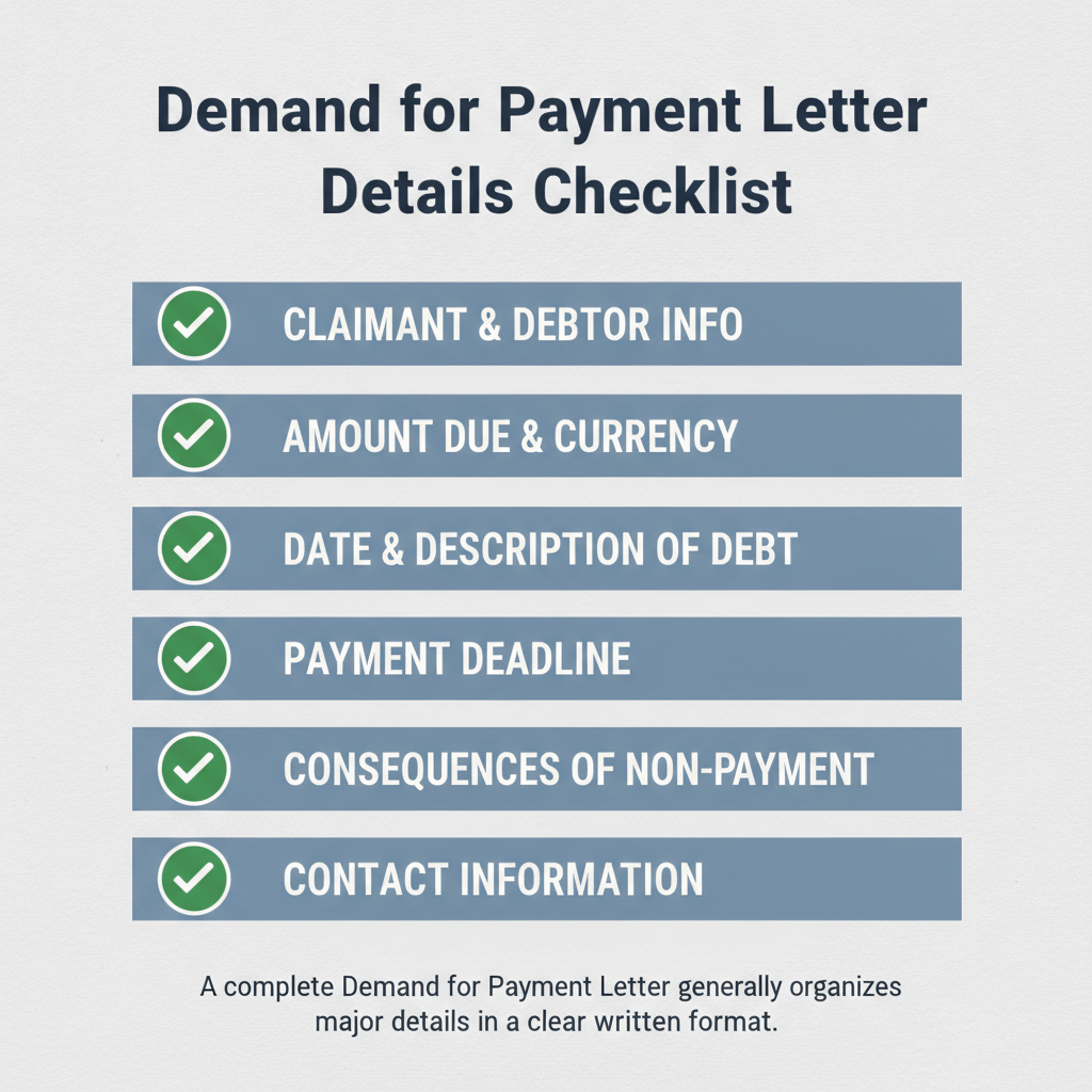 Checklist of details commonly addressed in a Demand for Payment Letter.