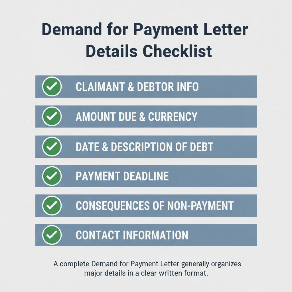 Checklist of details commonly addressed in a Demand for Payment Letter.