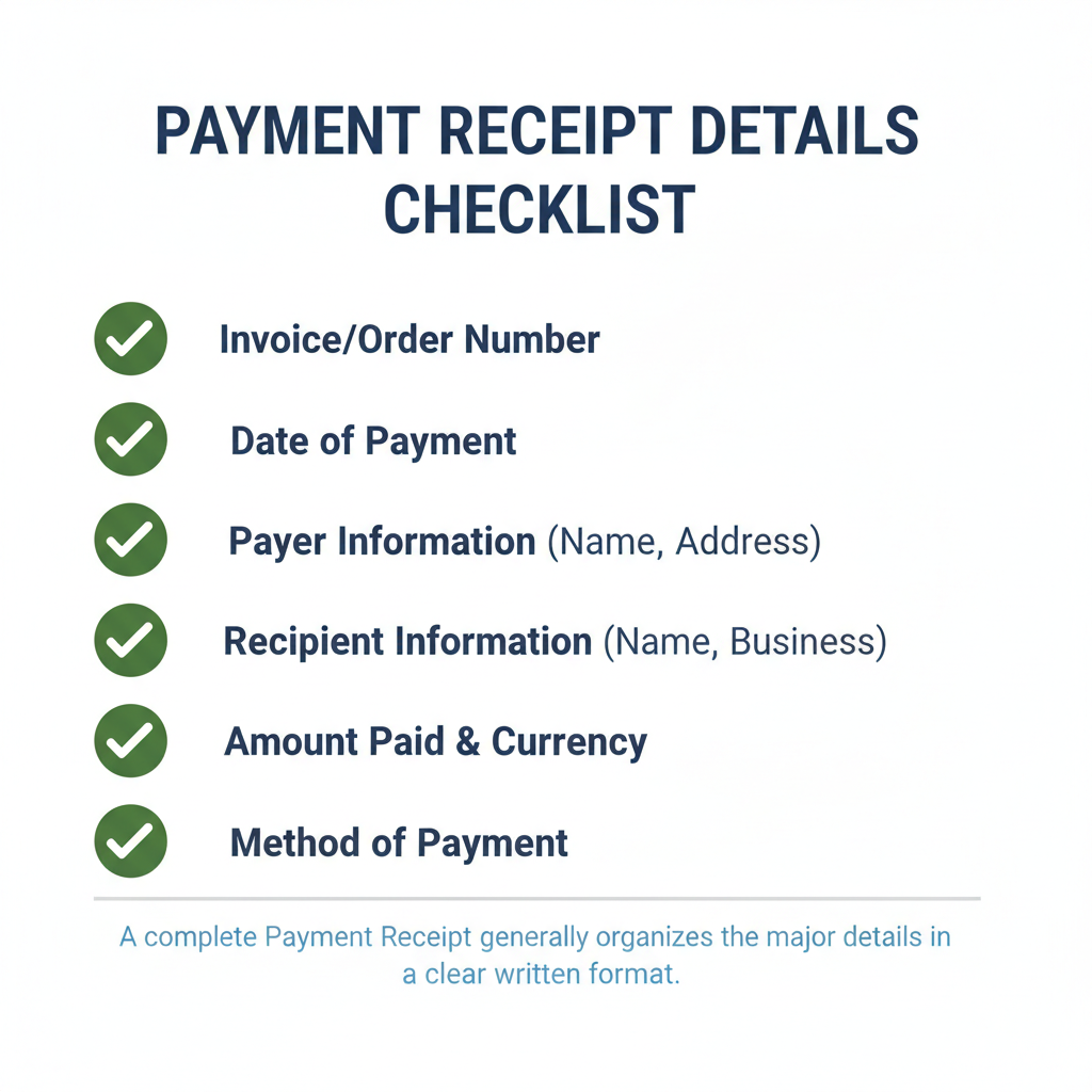 Checklist of details commonly addressed in a Payment Receipt.