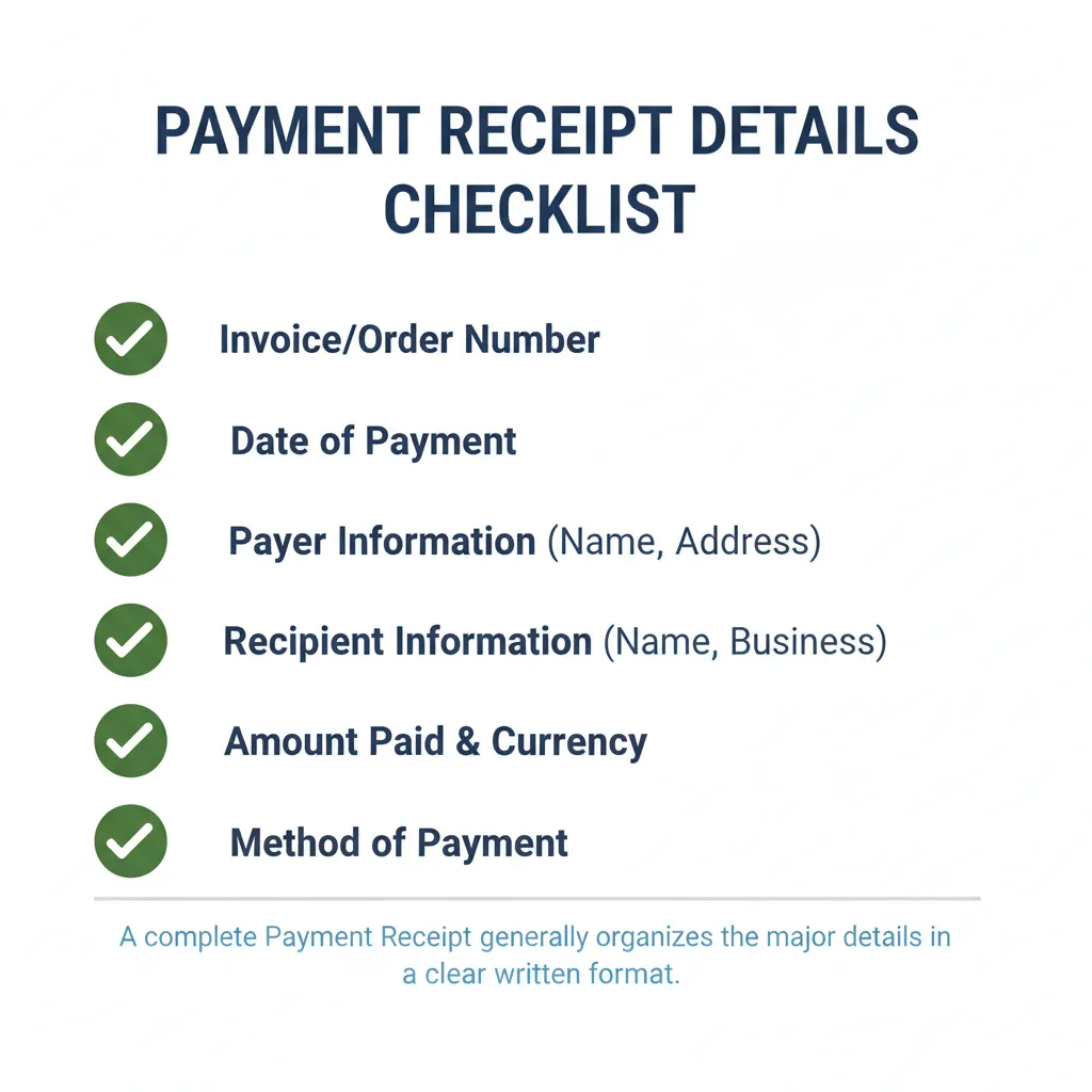 Checklist of details commonly addressed in a Payment Receipt.