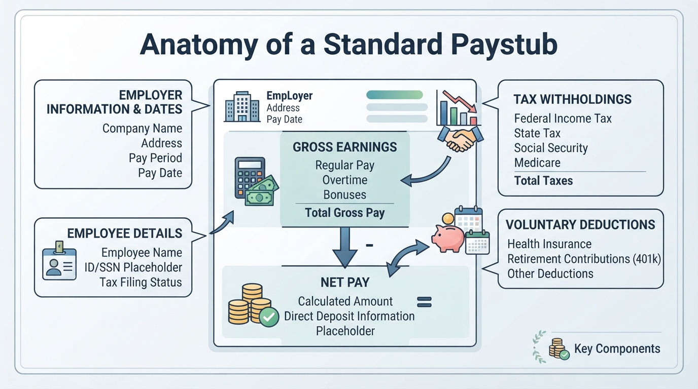 Diagram highlighting the key components of a standard paystub.