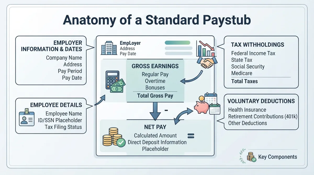 Diagram highlighting the key components of a standard paystub.
