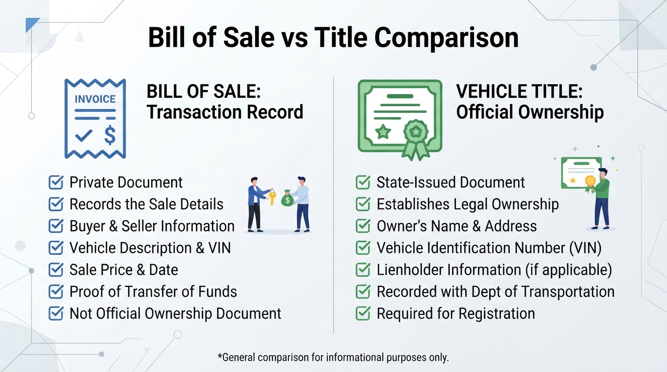 Comparison graphic showing the differences between a bill of sale and an official vehicle title.