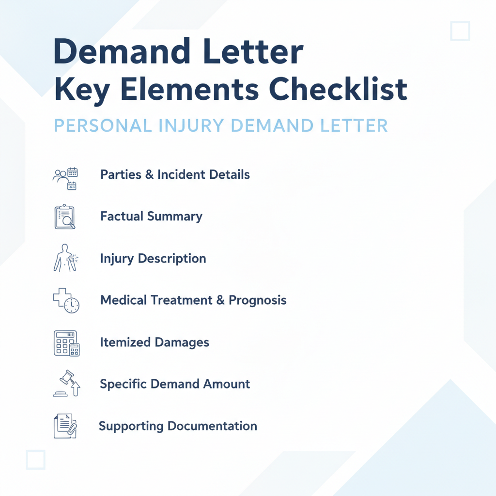Checklist outlining the essential components to include in a personal injury demand letter.