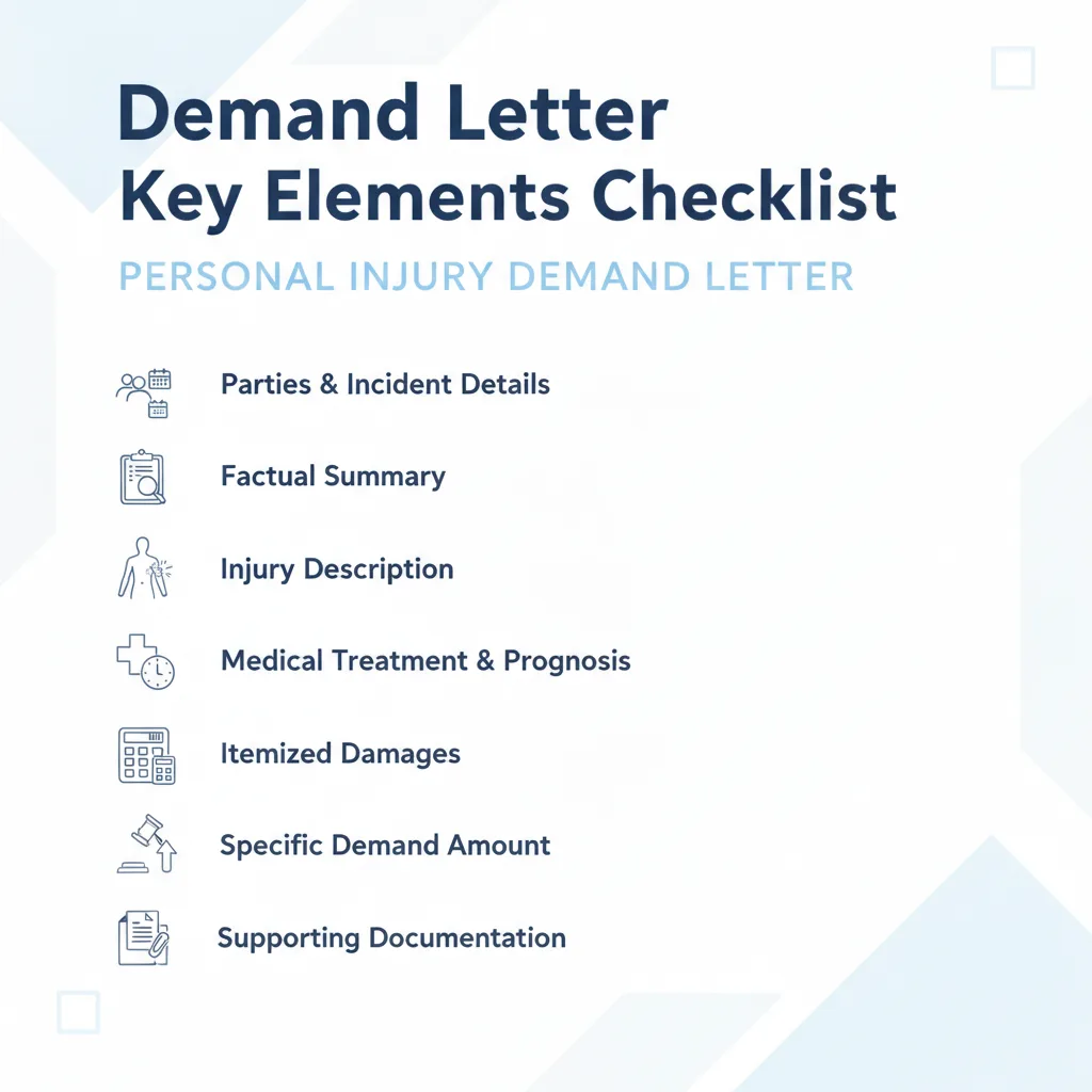 Checklist outlining the essential components to include in a personal injury demand letter.