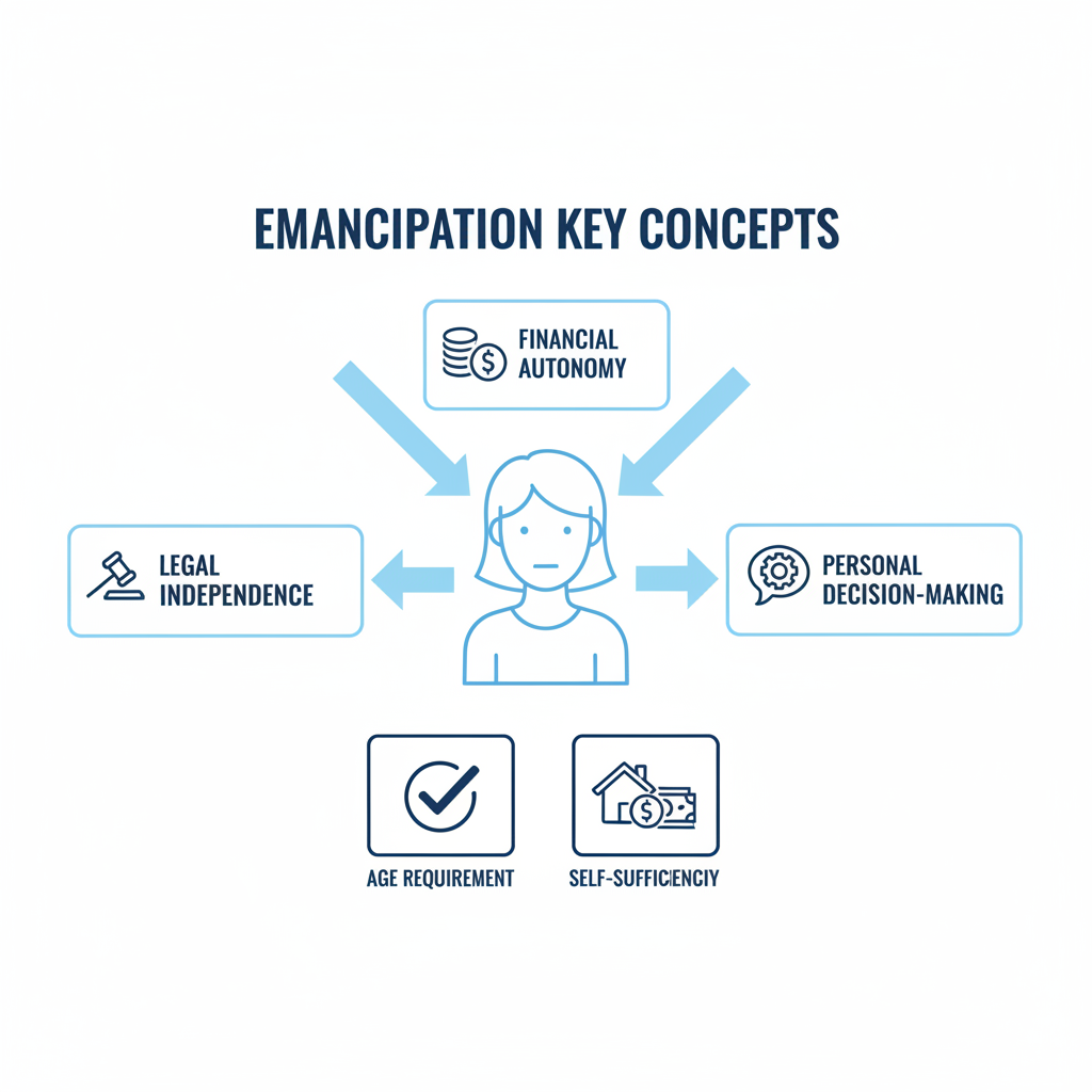 Diagram showing the key concepts of emancipation: legal independence, financial autonomy, and personal decision-making for a minor.