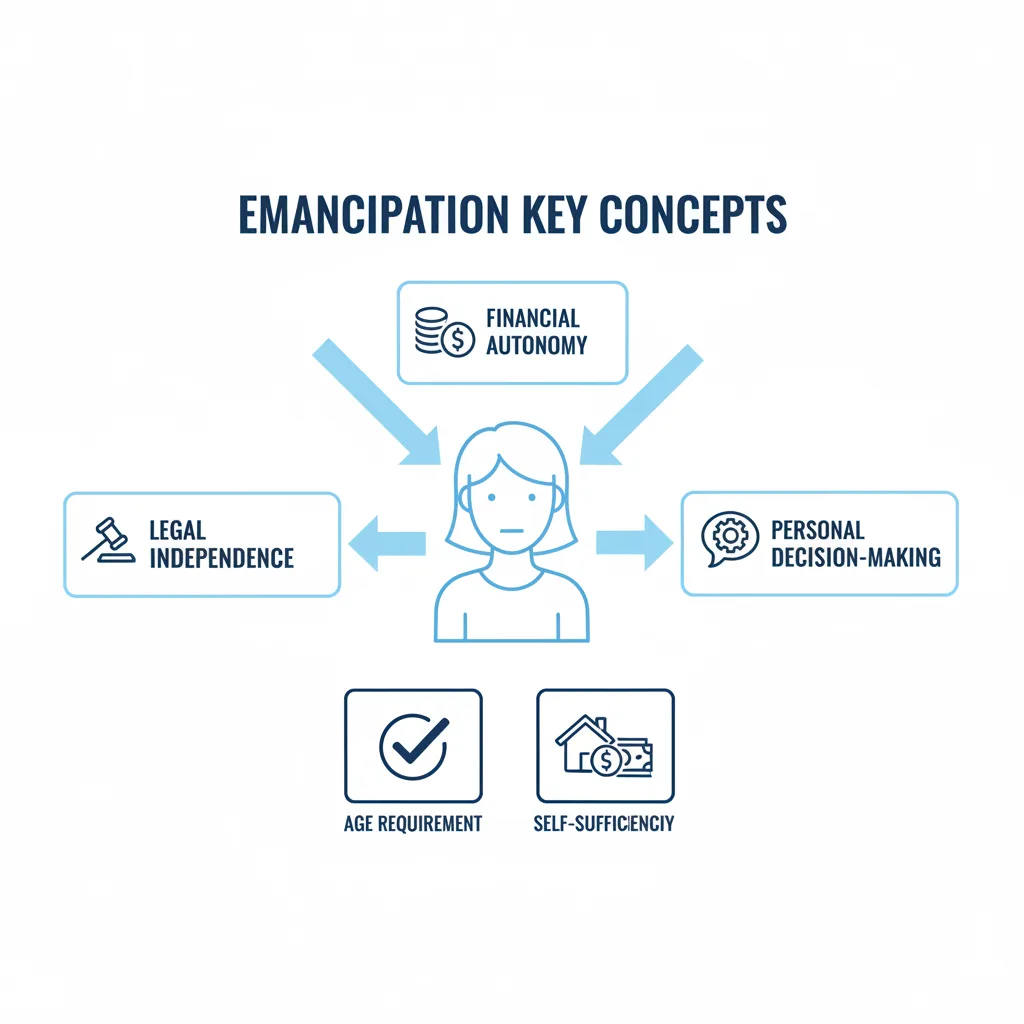Diagram showing the key concepts of emancipation: legal independence, financial autonomy, and personal decision-making for a minor.