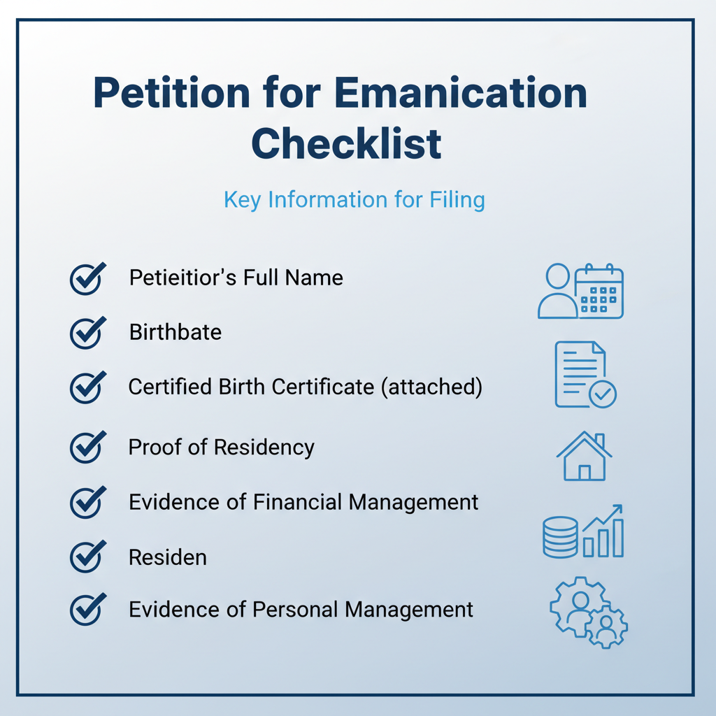 Checklist outlining the key information required when filing a Petition for Emancipation, including personal details and proof of self-sufficiency.