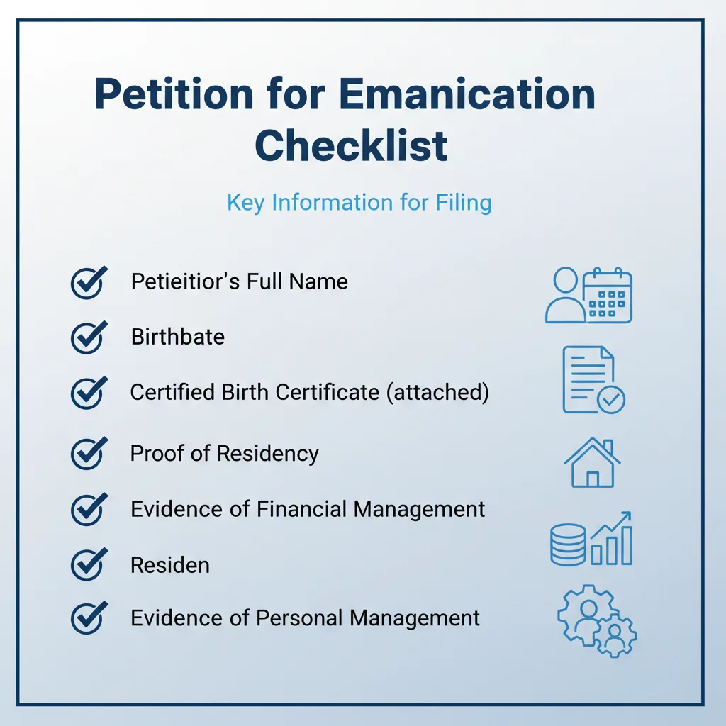 Checklist outlining the key information required when filing a Petition for Emancipation, including personal details and proof of self-sufficiency.