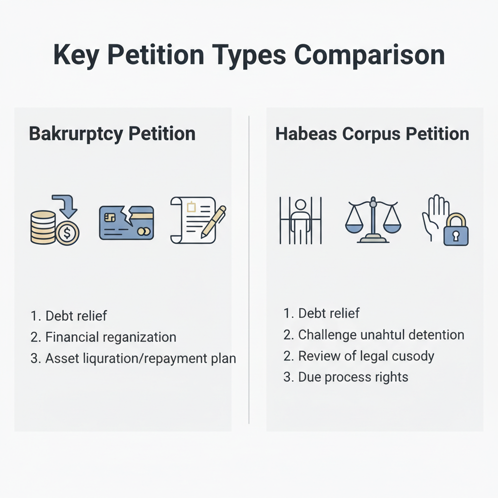Comparison graphic illustrating the differences between a Bankruptcy Petition and a Habeas Corpus Petition, highlighting their distinct purposes.