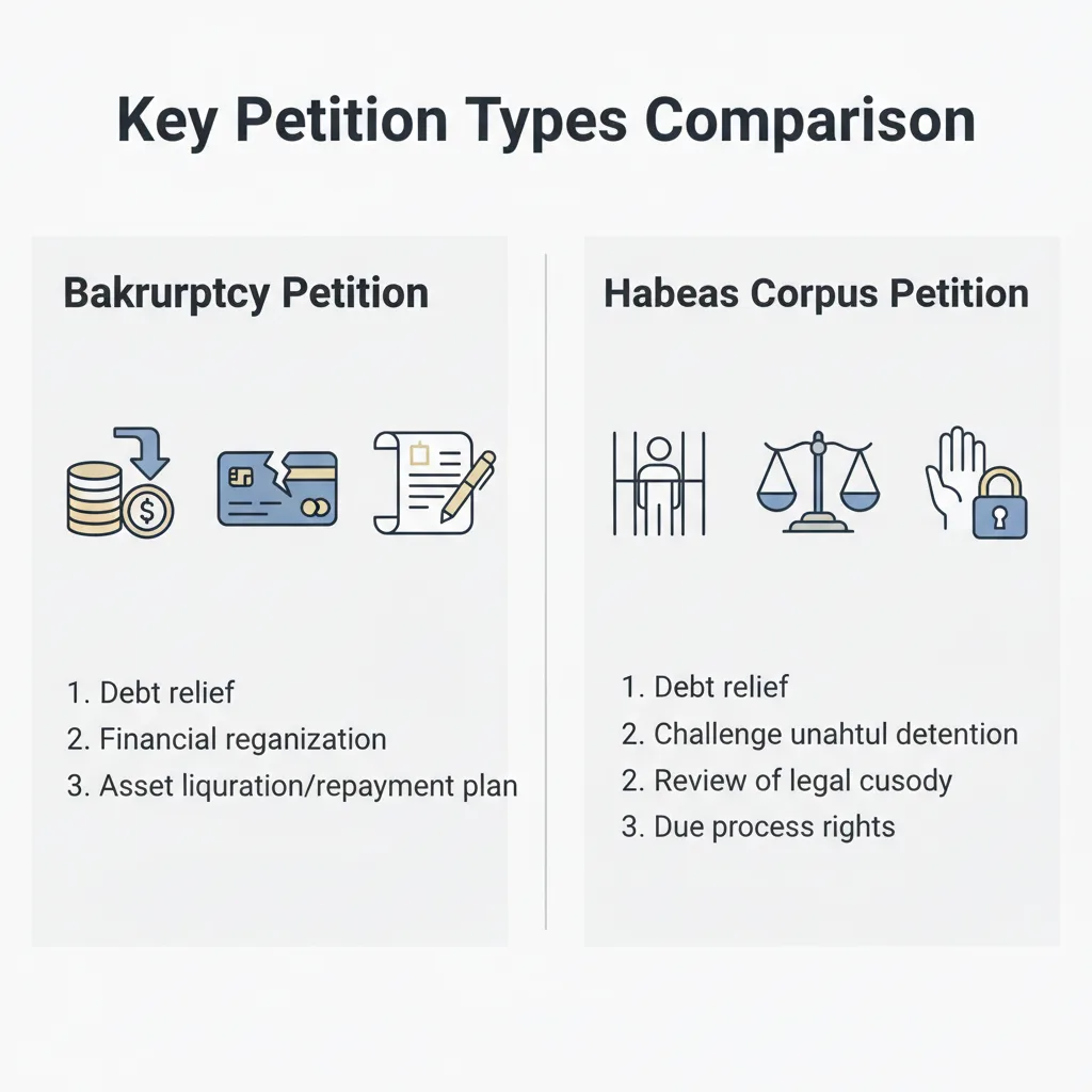 Comparison graphic illustrating the differences between a Bankruptcy Petition and a Habeas Corpus Petition, highlighting their distinct purposes.