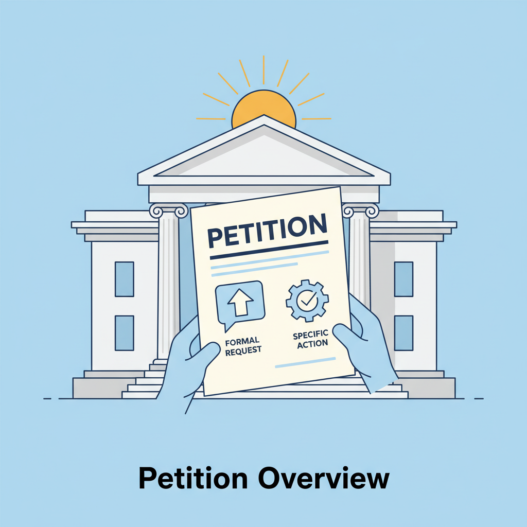 Illustration of a petition document being submitted to a courthouse, symbolizing a formal legal request.