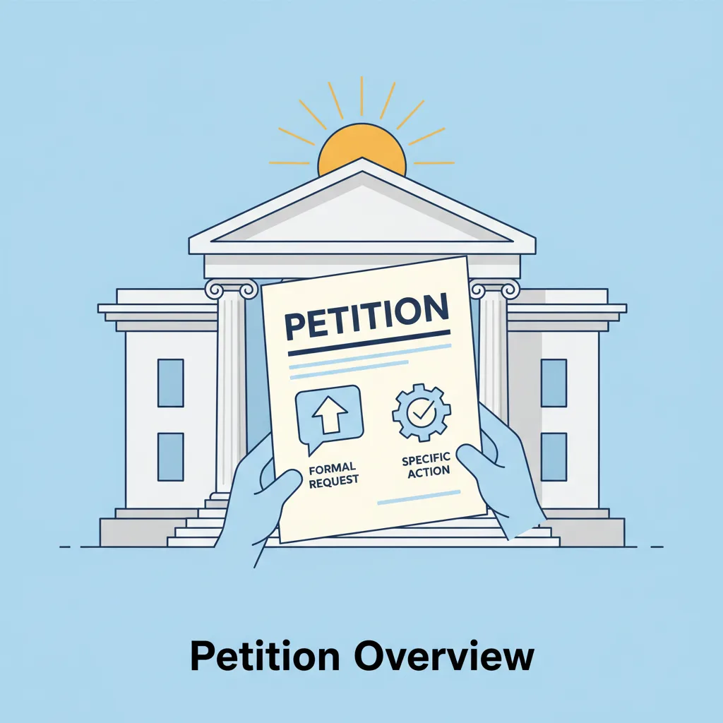 Illustration of a petition document being submitted to a courthouse, symbolizing a formal legal request.