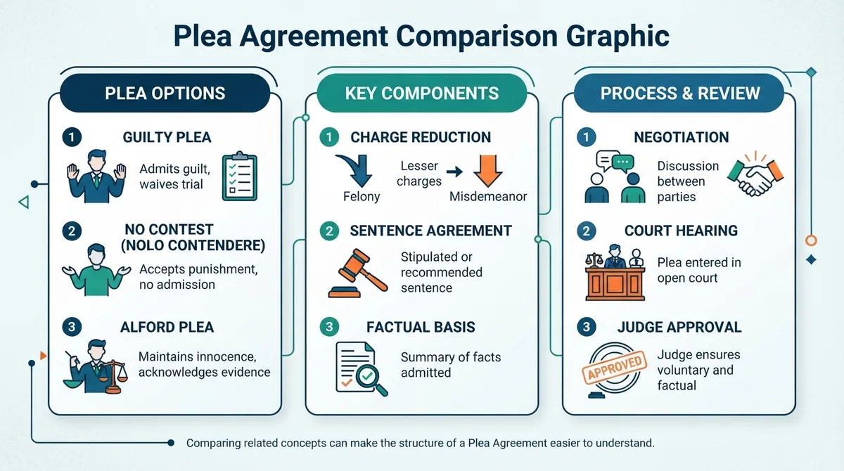 Comparison graphic explaining concepts related to a Plea Agreement.