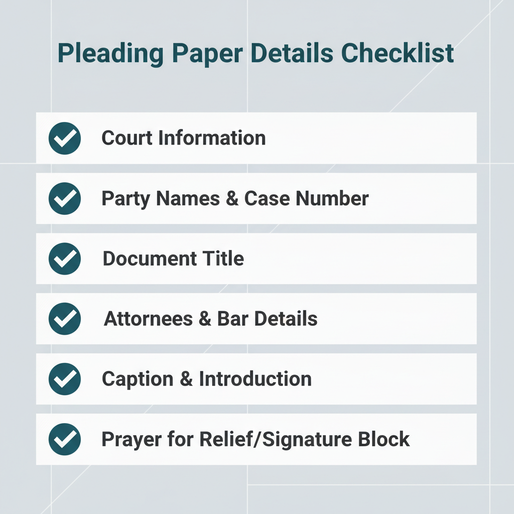 Checklist of details commonly addressed in a Pleading Paper.