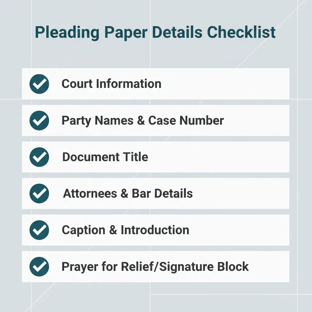 Checklist of details commonly addressed in a Pleading Paper.