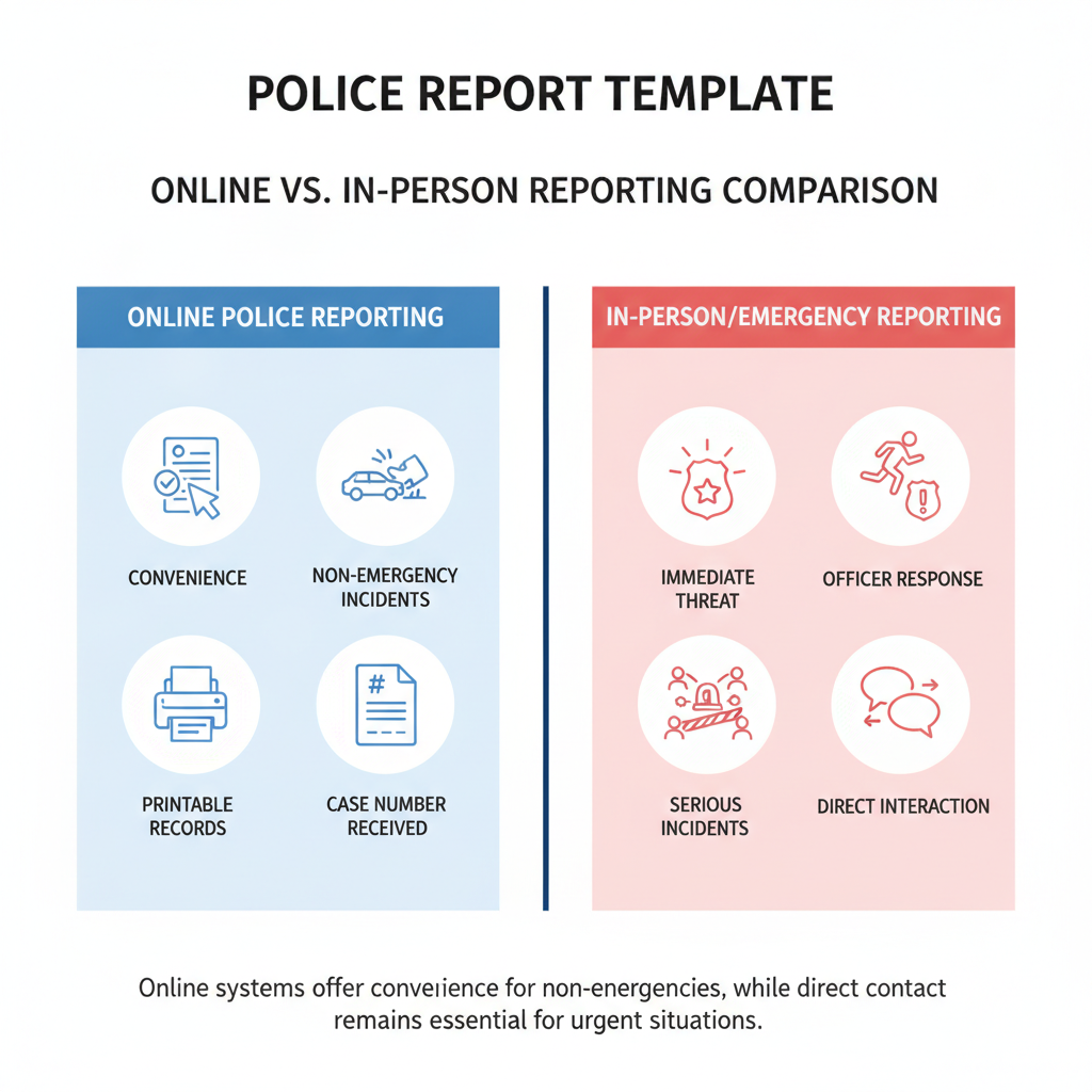 Comparison graphic detailing the differences between online police reporting for non-emergency incidents and in-person or emergency reporting for critical situations.