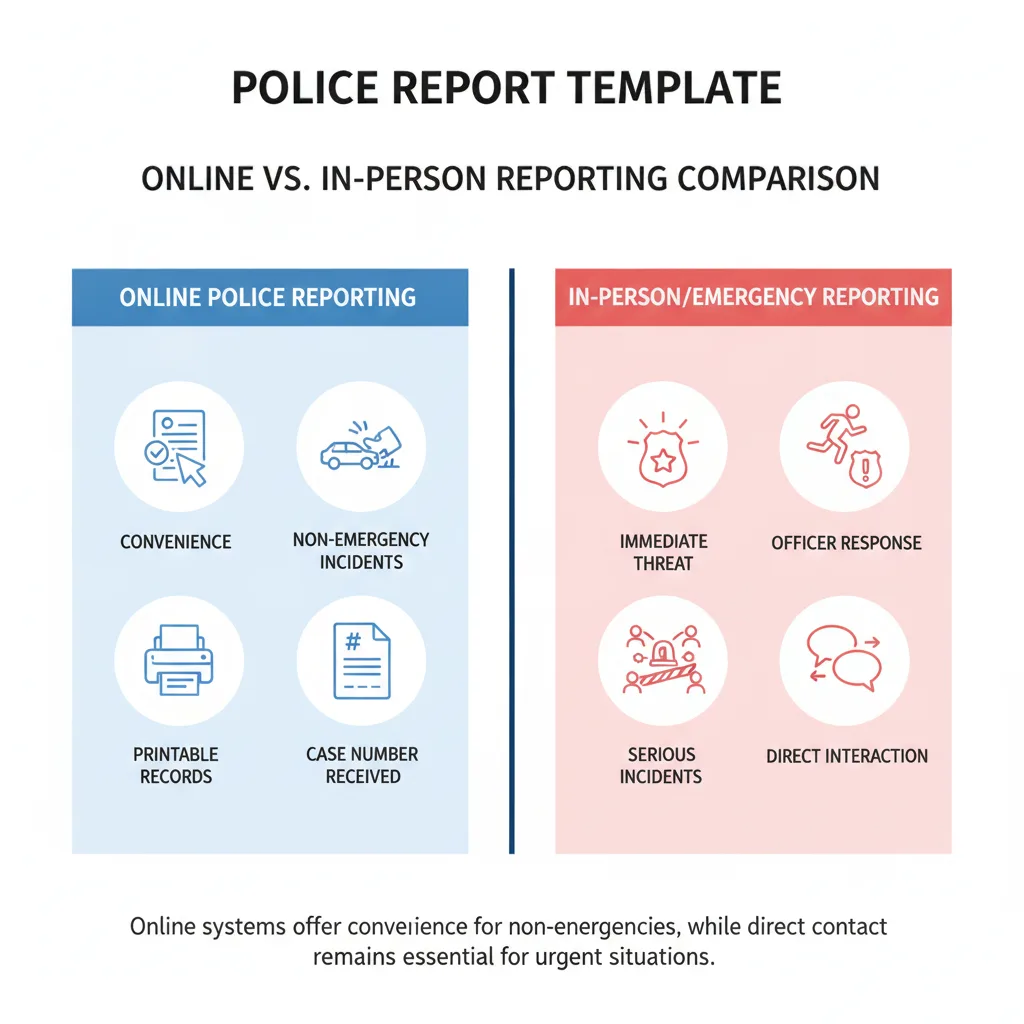 Comparison graphic detailing the differences between online police reporting for non-emergency incidents and in-person or emergency reporting for critical situations.