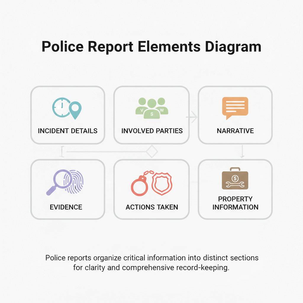 Diagram showing the common elements found in a police report, such as incident details, involved parties, narrative, evidence, and actions taken.