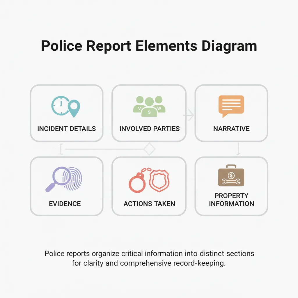 Diagram showing the common elements found in a police report, such as incident details, involved parties, narrative, evidence, and actions taken.