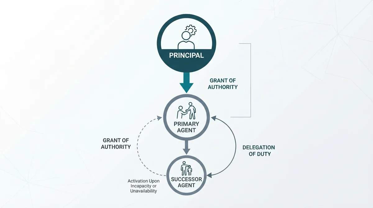A conceptual diagram showing the relationship between a principal, an agent, and a successor agent.