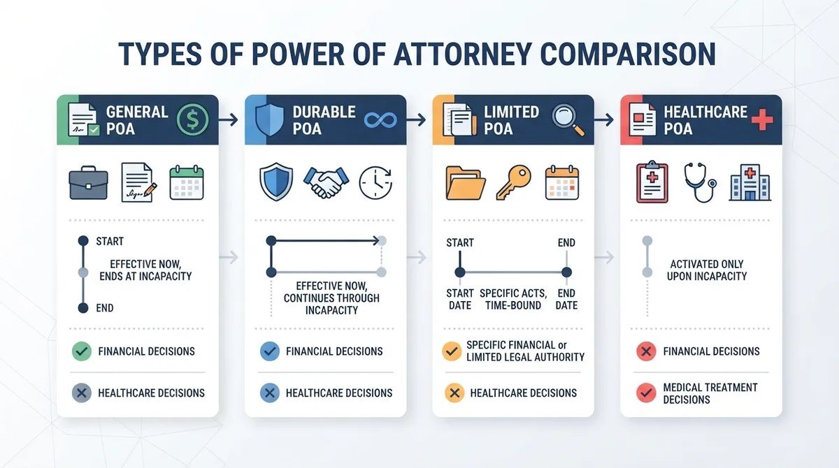 A comparison graphic showing the differences between General, Durable, Limited, and Healthcare Power of Attorney.