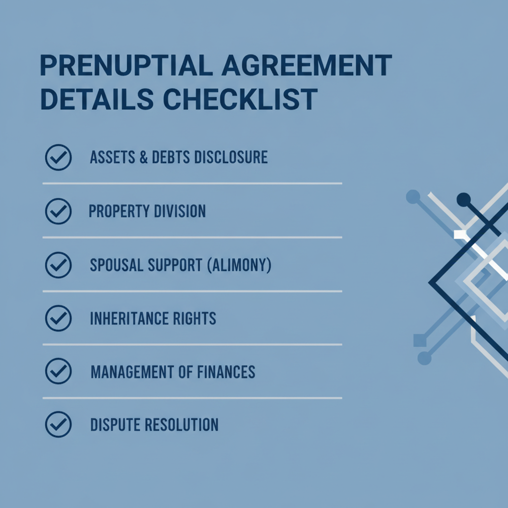 Checklist of details commonly addressed in a Prenuptial Agreement.