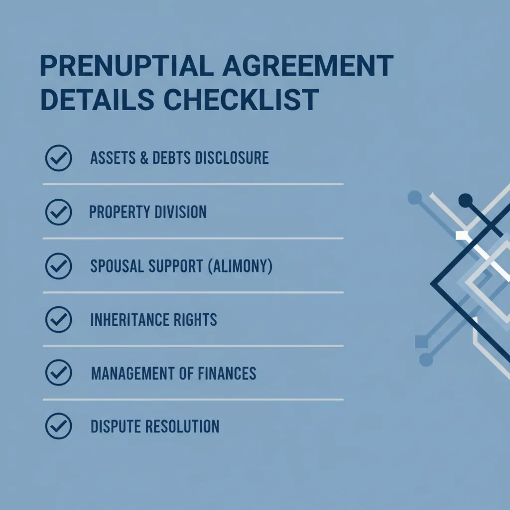 Checklist of details commonly addressed in a Prenuptial Agreement.