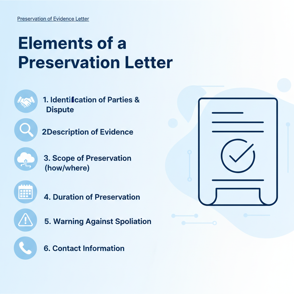 Checklist showing key elements of a Preservation of Evidence Letter: parties, evidence description, scope, duration, spoliation warning, and contact info.