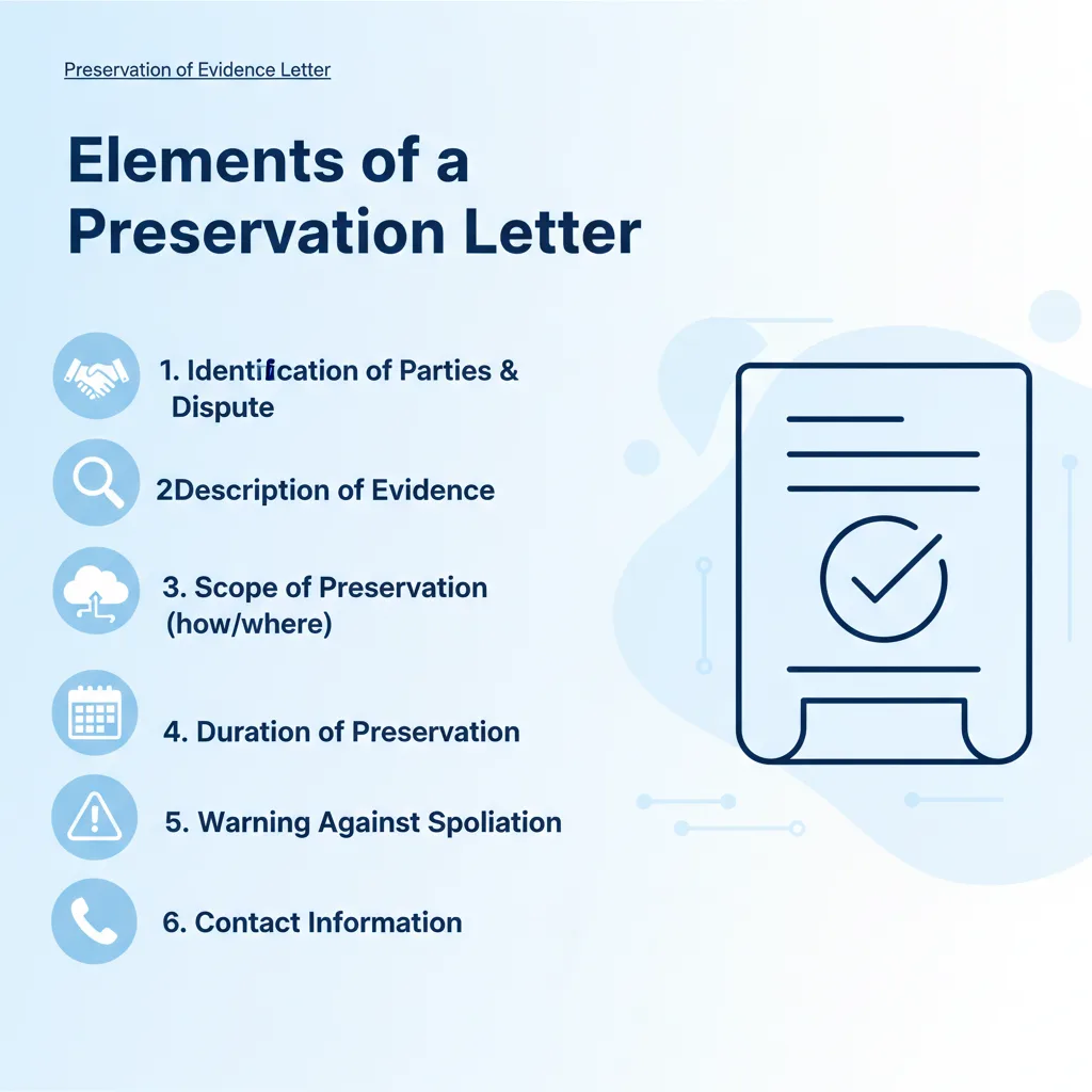 Checklist showing key elements of a Preservation of Evidence Letter: parties, evidence description, scope, duration, spoliation warning, and contact info.