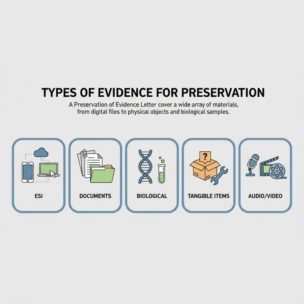 Illustration showing diverse types of evidence: electronic data, paper documents, biological samples, physical objects, and audio/video recordings.