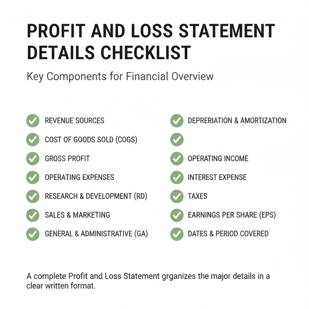 Checklist of details commonly addressed in a Profit and Loss Statement.