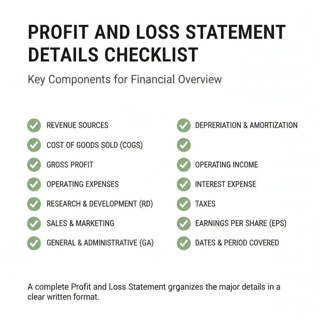 Checklist of details commonly addressed in a Profit and Loss Statement.