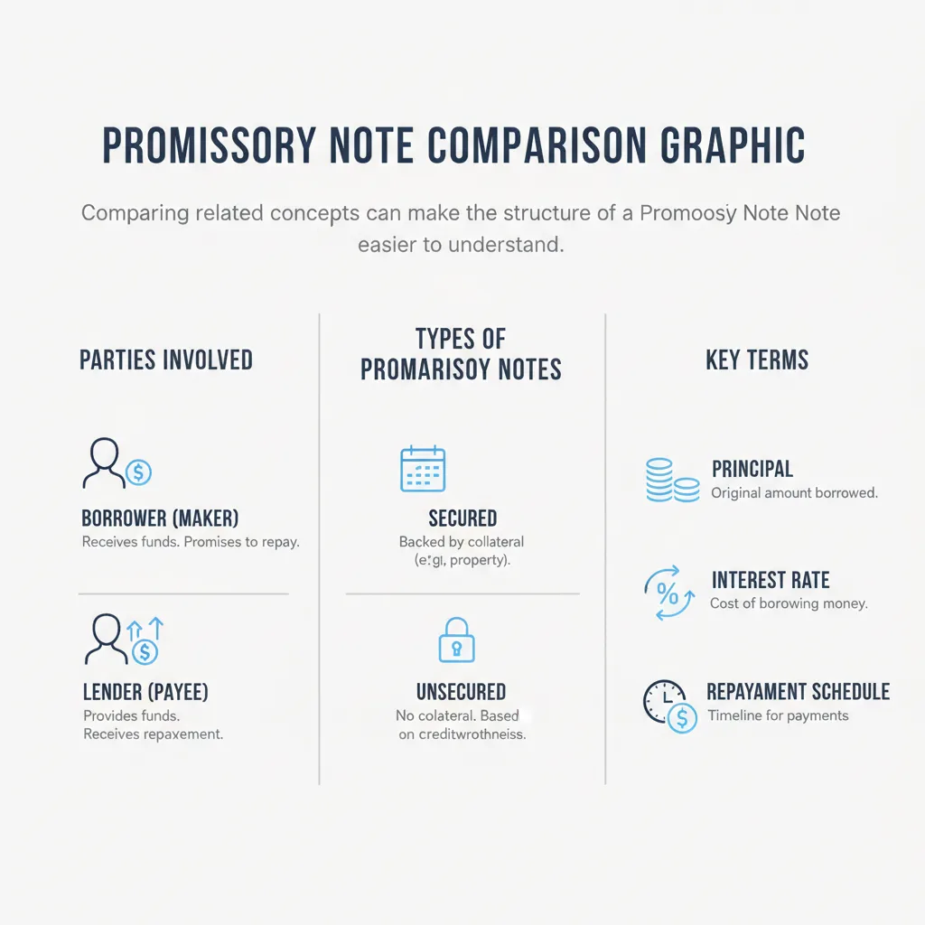Comparison graphic explaining concepts related to a Promissory Note.