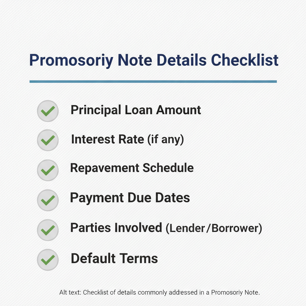 Checklist of details commonly addressed in a Promissory Note.