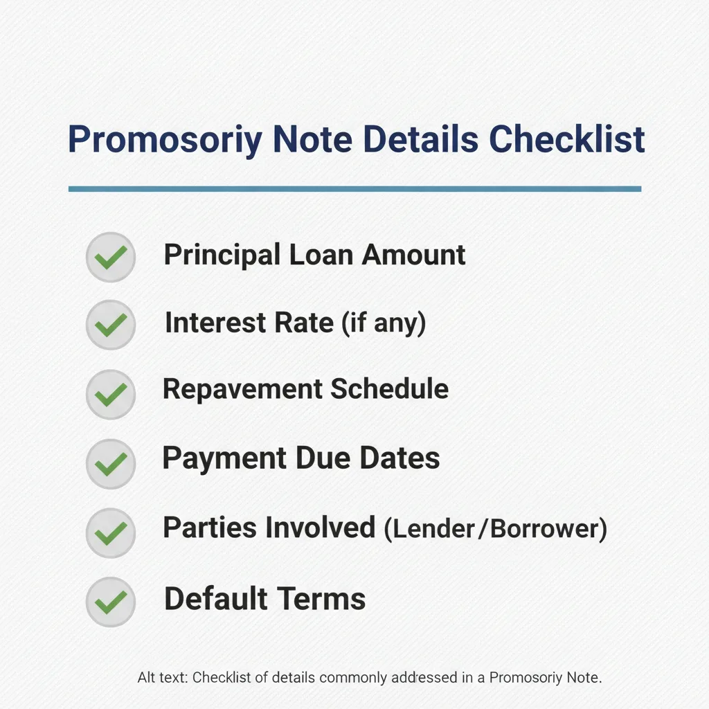 Checklist of details commonly addressed in a Promissory Note.
