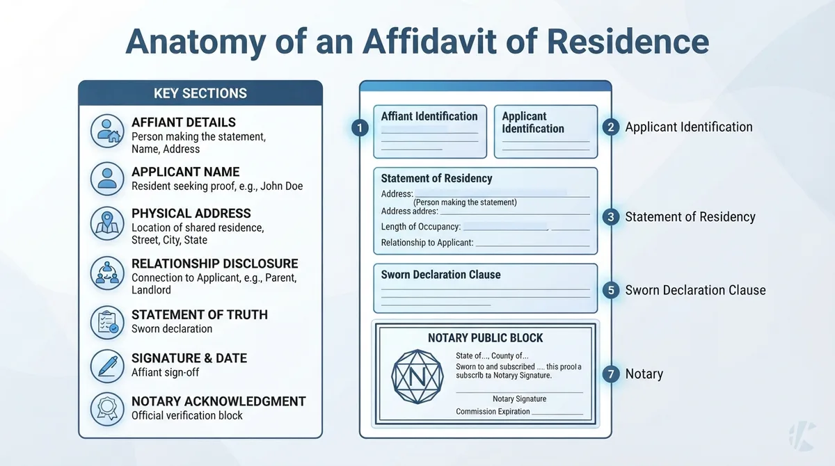 Diagram highlighting key sections of a proof of residency letter