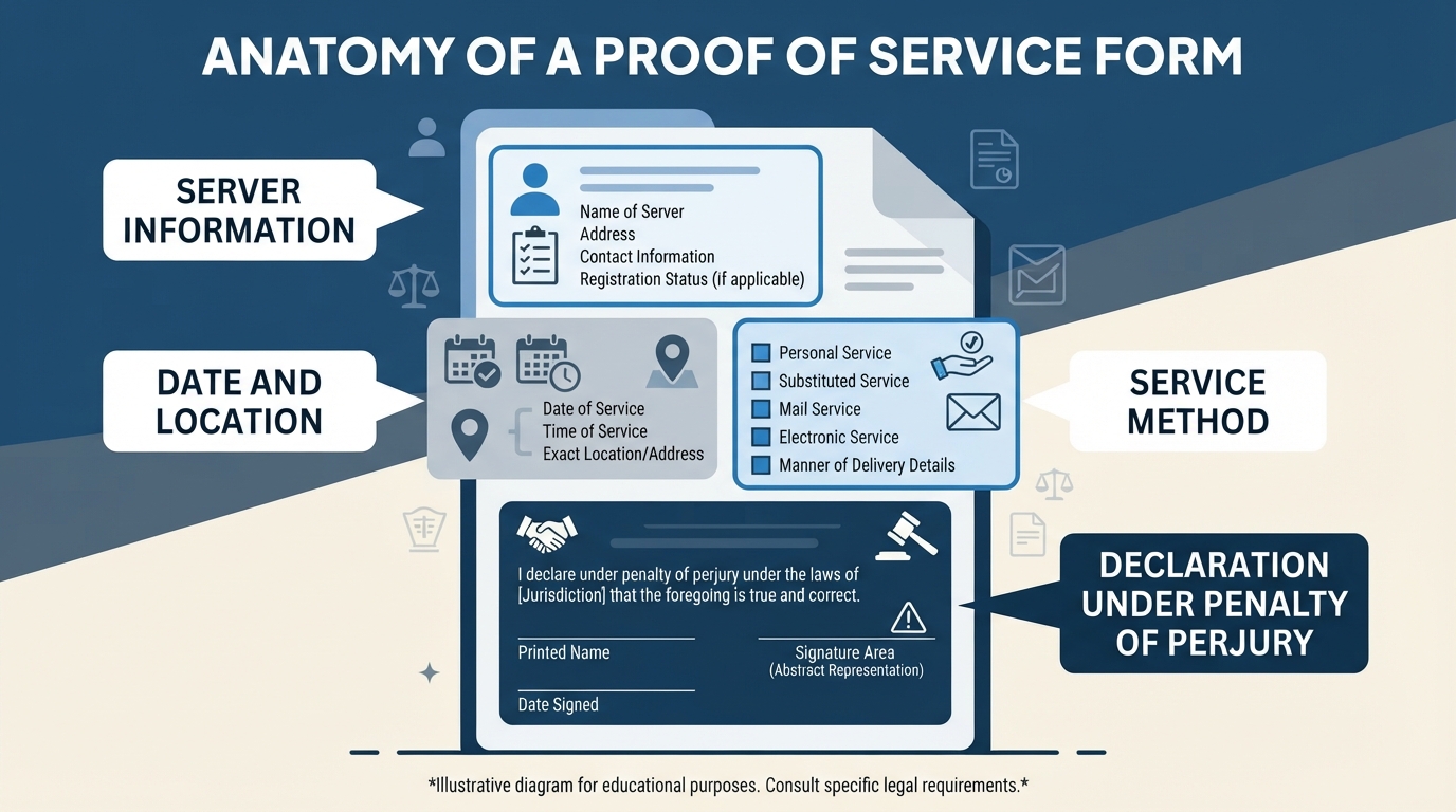 Diagram highlighting the essential sections of a Proof of Service form