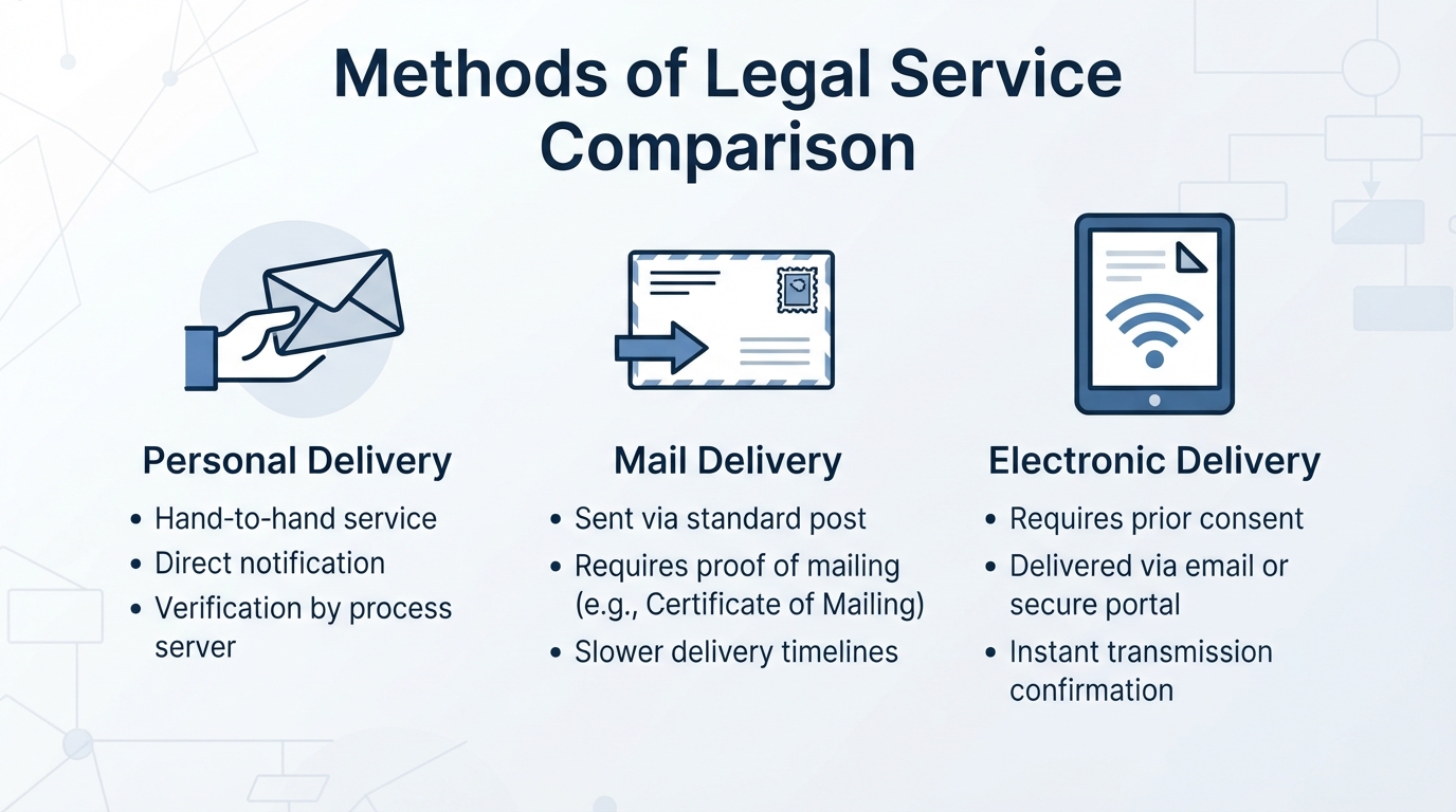 Comparison graphic illustrating personal, mail, and electronic service methods