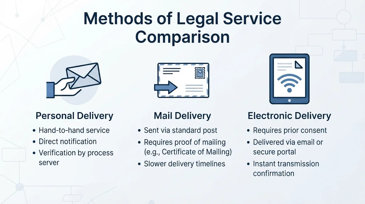 Comparison graphic illustrating personal, mail, and electronic service methods