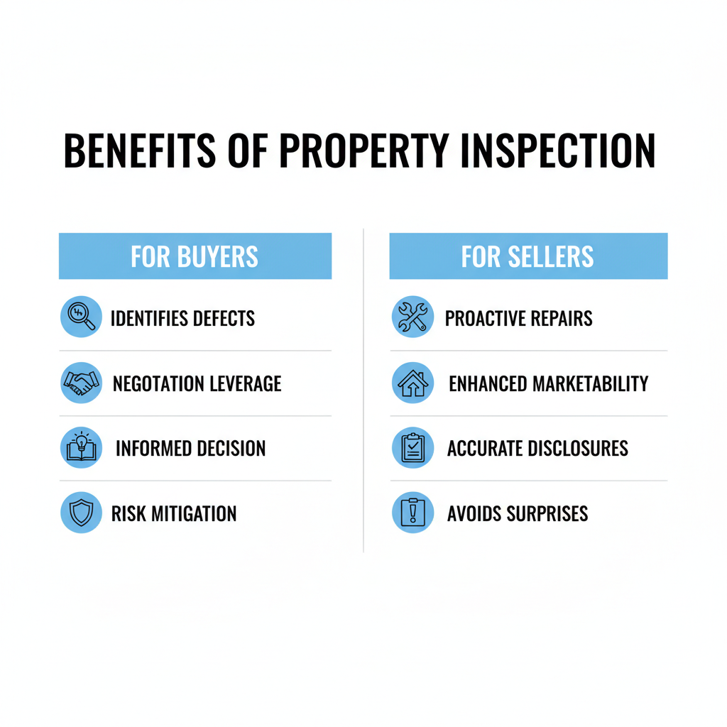 Comparison graphic detailing the benefits of a property inspection for both buyers and sellers, highlighting risk mitigation and negotiation leverage for buyers, and proactive repa