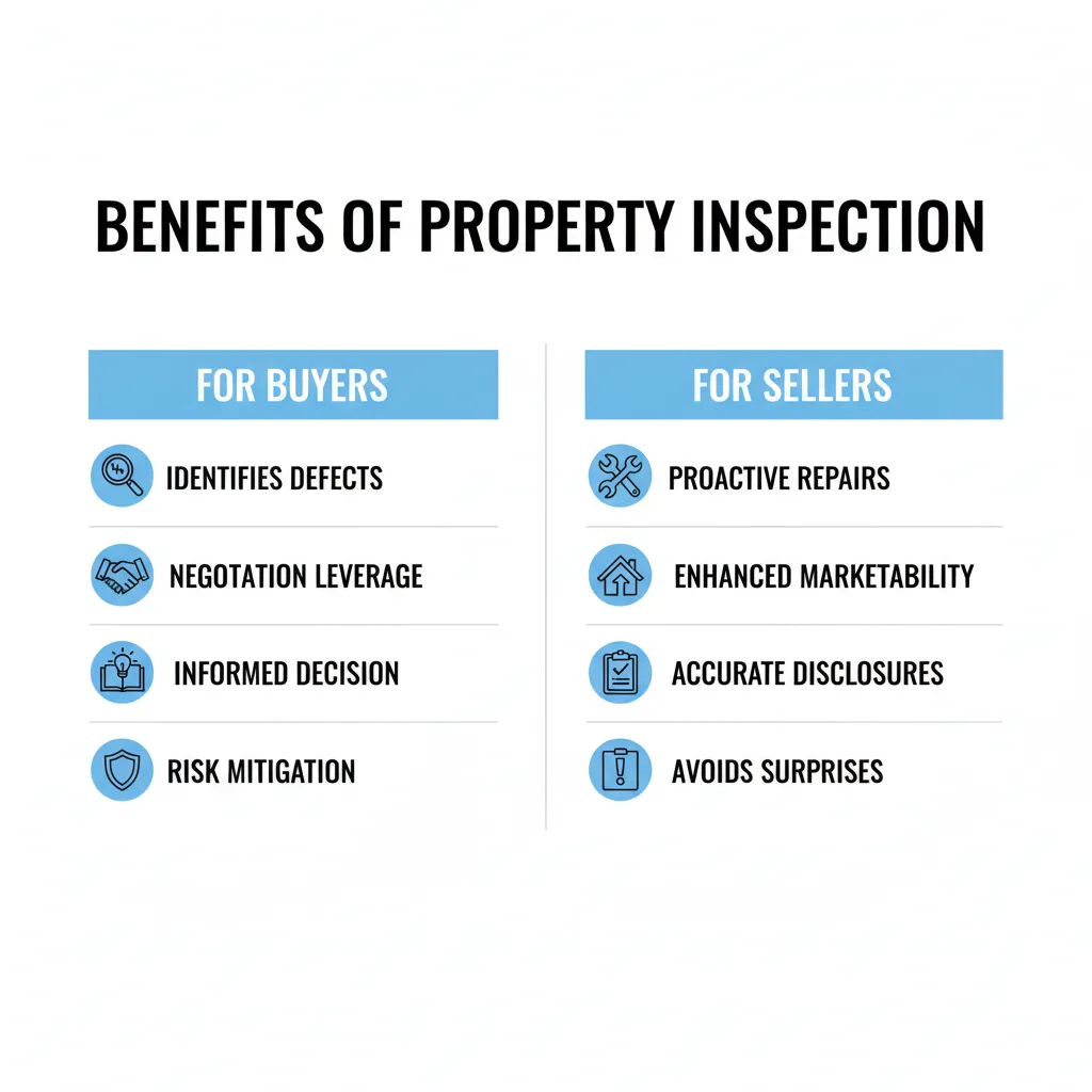 Comparison graphic detailing the benefits of a property inspection for both buyers and sellers, highlighting risk mitigation and negotiation leverage for buyers, and proactive repa