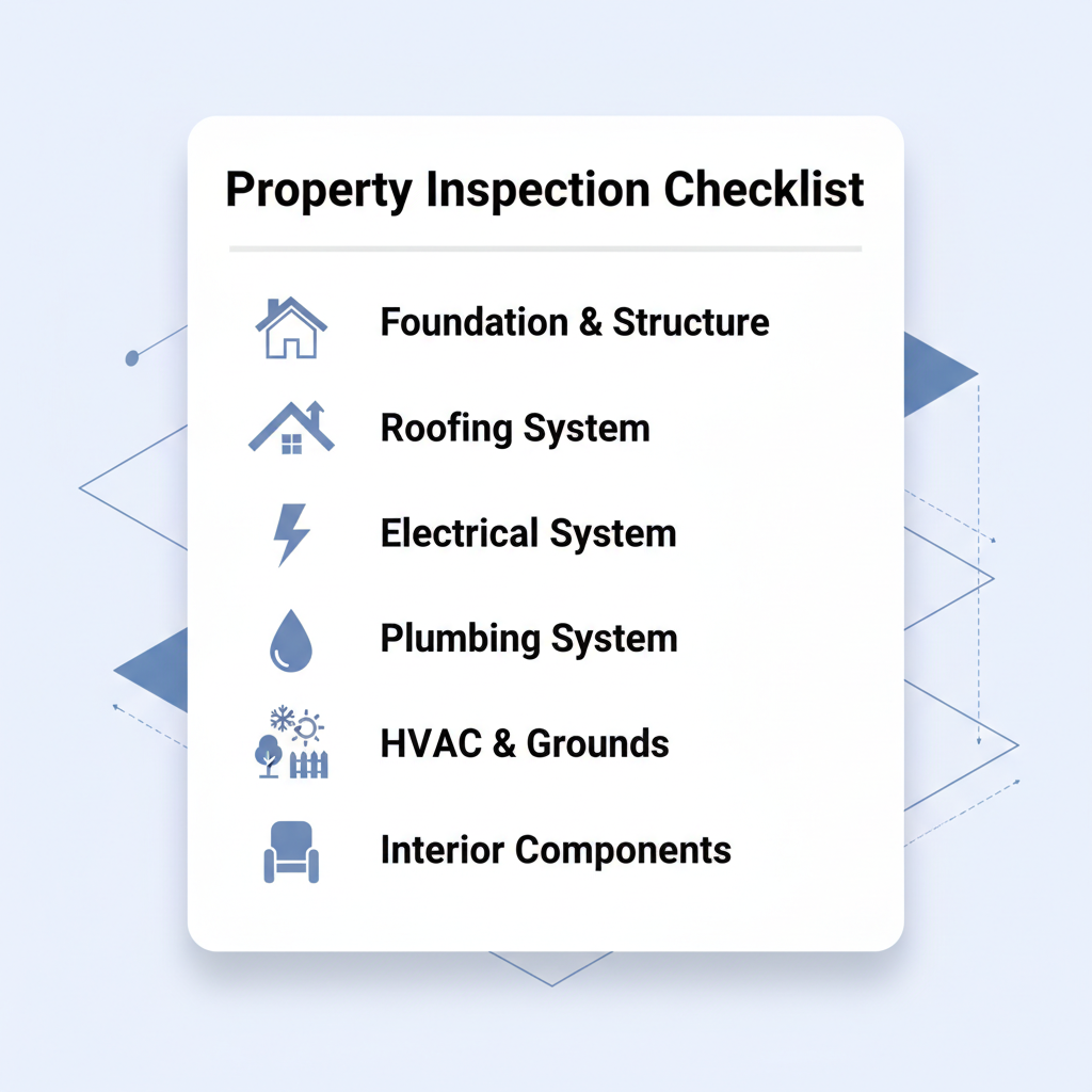 Checklist showing key areas covered in a property inspection, including foundation, roof, electrical, plumbing, HVAC, exterior, and interior.