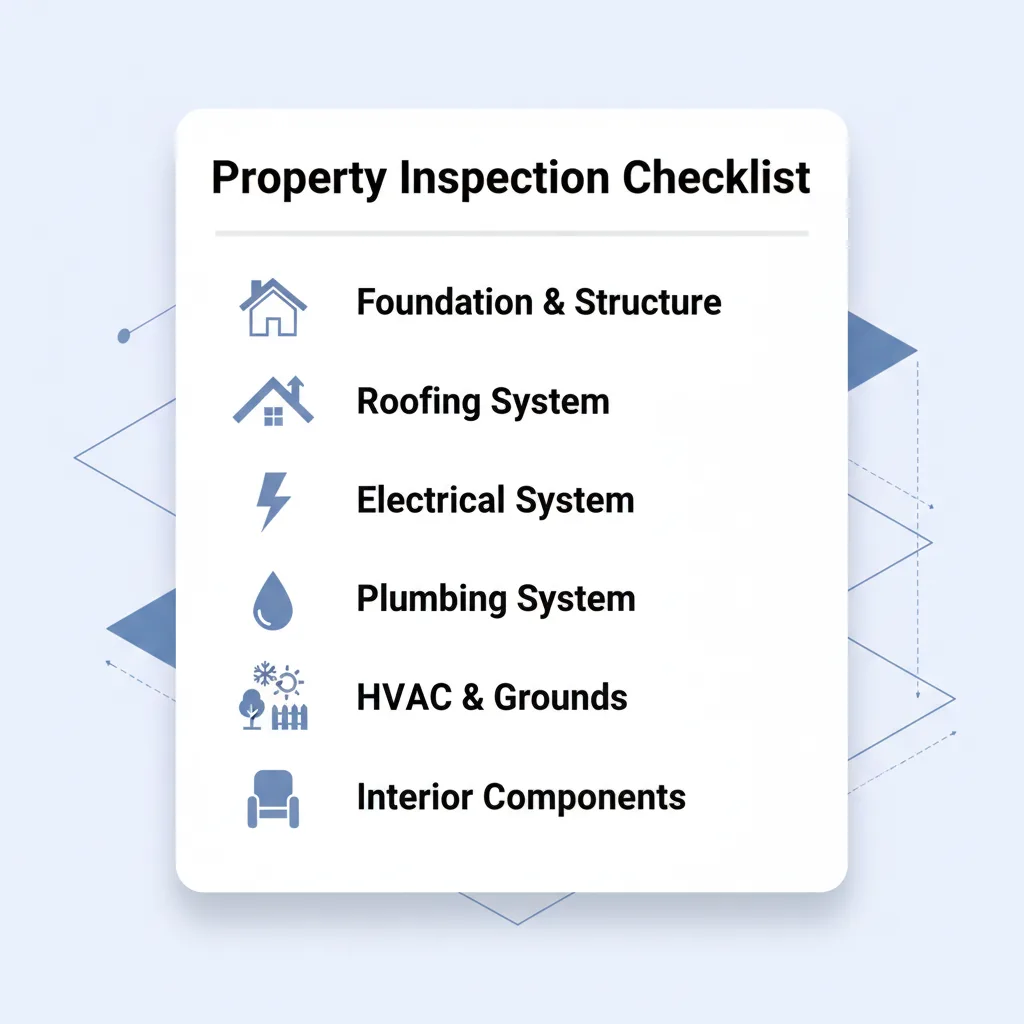 Checklist showing key areas covered in a property inspection, including foundation, roof, electrical, plumbing, HVAC, exterior, and interior.