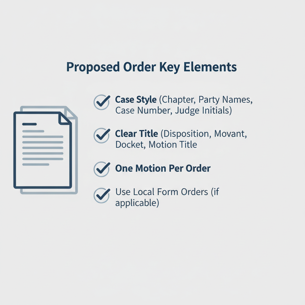 A checklist graphic illustrating the essential components required in a proposed order, such as case style, title, and adherence to local forms.