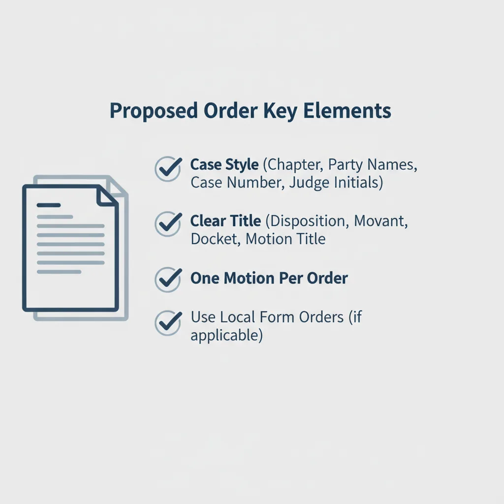 A checklist graphic illustrating the essential components required in a proposed order, such as case style, title, and adherence to local forms.